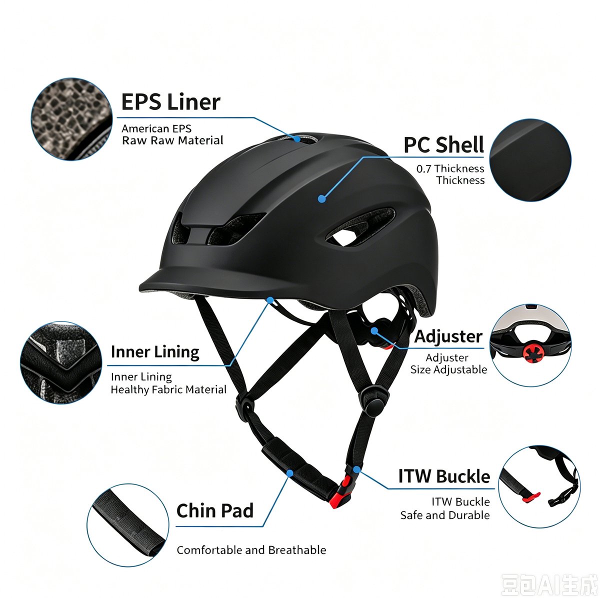 Fietshelm – Motorhelm – Fietshelm voor volwassenen – UV-bescherming – Verstelbaar – Hoofdomtrek 58–61 cm – Unisex – Geschikt voor mountainbiken en wielrennen – Zwart – foto 4