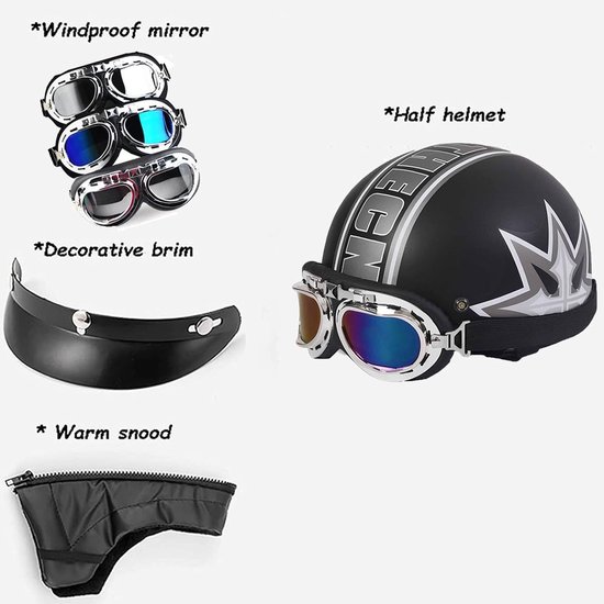 Casque de moto vintage demi-face léger demi-casque petit demi-coque avec lunettes DOT/ECE approuvé scooter cruiser chopper cyclomoteur jet casque