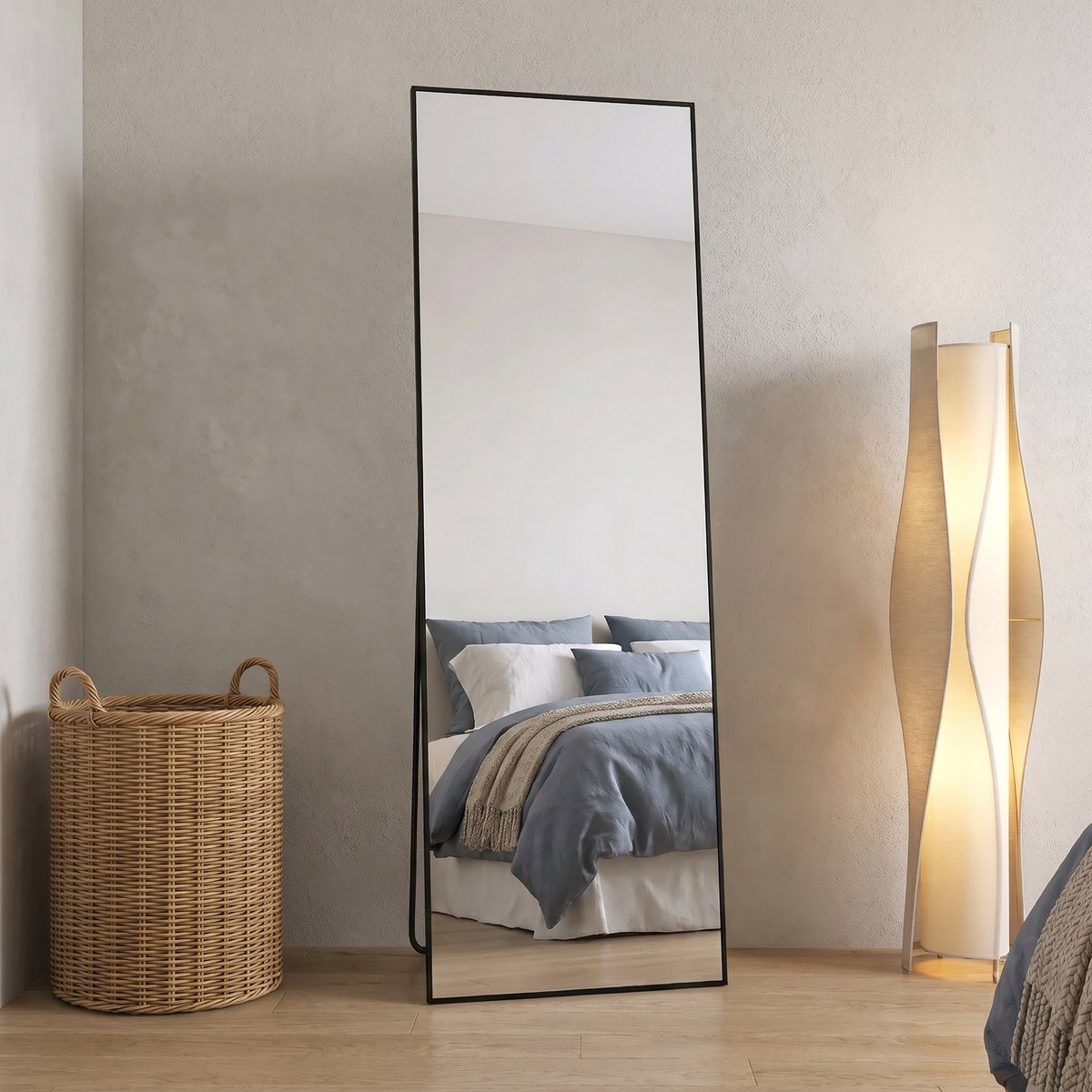 Spiegel van Volledige Lengte 162x53cm, Vrijstaande Spiegel met Eenvoudig Frame, Grote HD-Wandspiegel met Haak, Heldere HD-Glazen Reflectie, Onbreekbaar en Lichtgewicht (Zwart, 162x53cm)