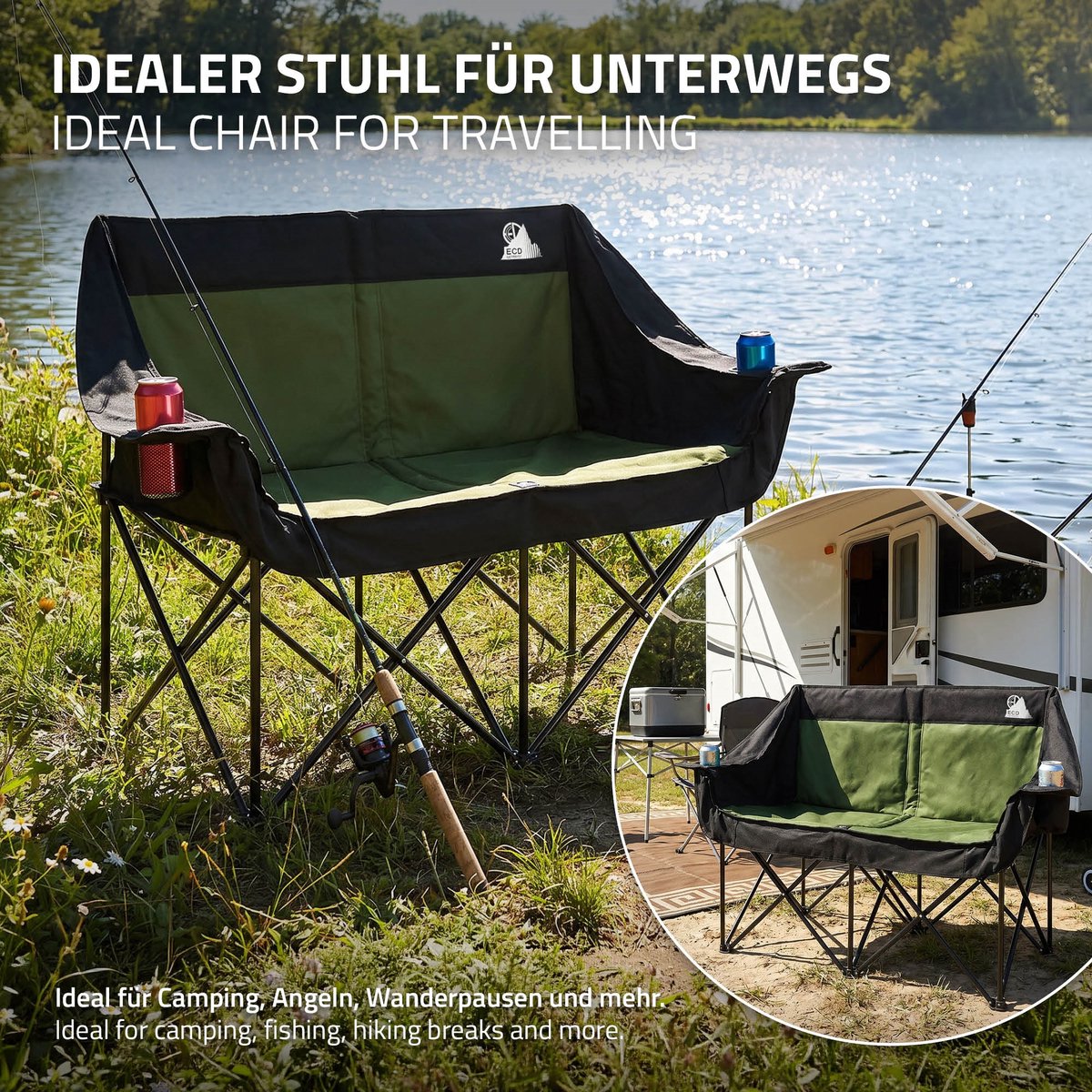 ECD Germany Campingstoel 2 personen opvouwbaar, dubbele klapstoel serie, khaki outdoor bank met stalen frame en bekerhouders, inclusief handige draagtas, gevoerd campingsofa voor camping vissen strand en tuingebruik — cadeau in Sport & Outdoor - foto 7