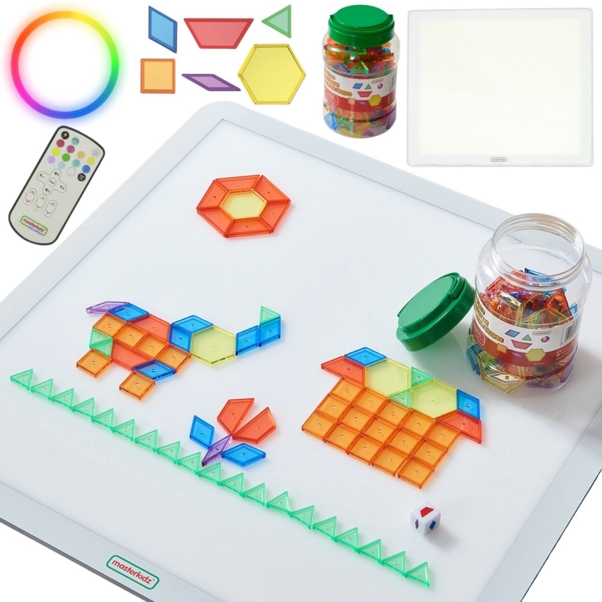 Masterkidz Vierkant Led-lichtpaneel Kleurrijk + Montessori Mozaïekblokken 140 St. - UNI
