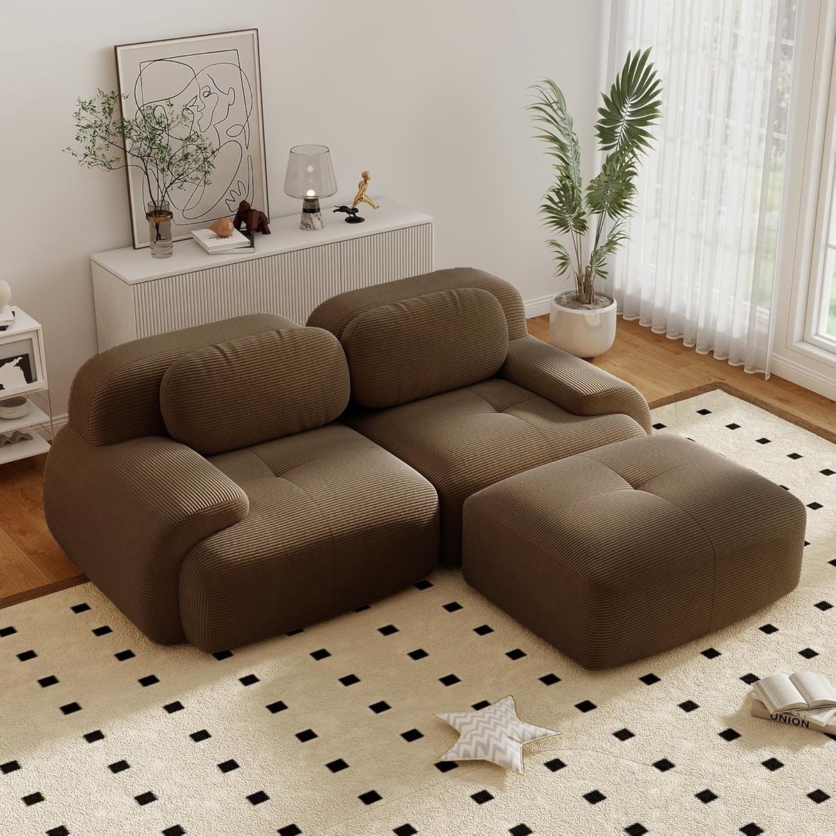 Zubaliya Moderne Hoekbank, L-Bank, 2-Zitsbank, Moderne 208 cm Brede, Converteerbare Hoekbank met Voetenbank, L-vormige Modulaire Corduroy Bank, Compacte Bank voor 2-4 Personen voor de Woonkamer, Extra Diepe Zitting, Geen Montage Nodig-Brown