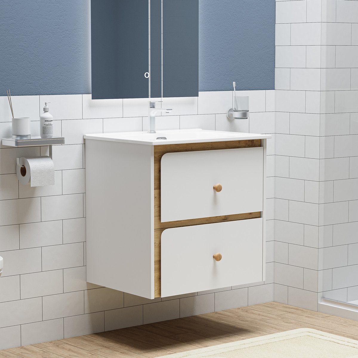 LITTLE TREE Moderne Hangende Badkast met - 2 Lades En Keramische Wasbak - 61 x 47 x 62 cm - Soft Close - Voor badkamer - Wit