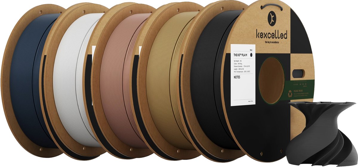 Kexcelled PLA Mat Combideal - 5x 1kg 3D Printer Filament - Marine Blauw, Wit, Terracotta, Kraft & As Grijs - LEKKER WEER DEAL!!