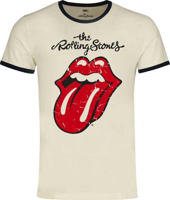Gebroken wit ringer T-shirt met de iconische rode Rolling Stones tongprint en logo.