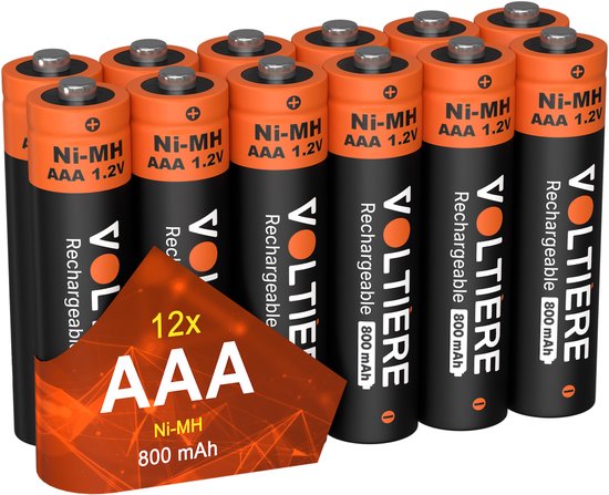 Twaalf Voltière oplaadbare AAA batterijen, Ni-MH, 1.2V, 800 mAh, in een verpakking.