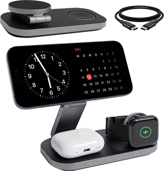 Nuvance Draadloze Oplader - 3 in 1 - 15W - Oplaadstation - Snellader - Wireless Charger - Geschikt voor Apple Smartwatch & Oortjes
