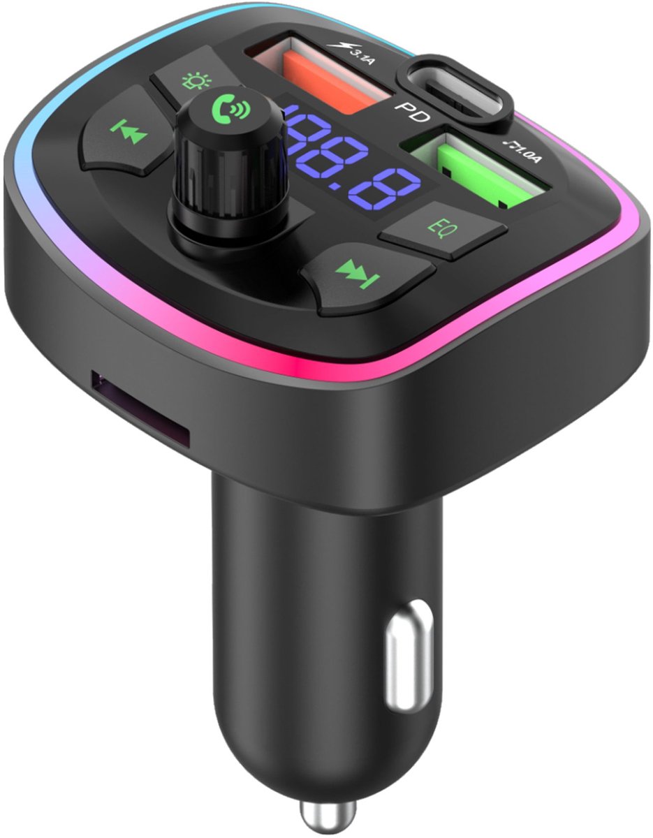 Ven-Dens USB + Type-C snellader, Bluetooth 5.0, FM-zender voor in de auto, draadloze adapter voor muziekspeler.