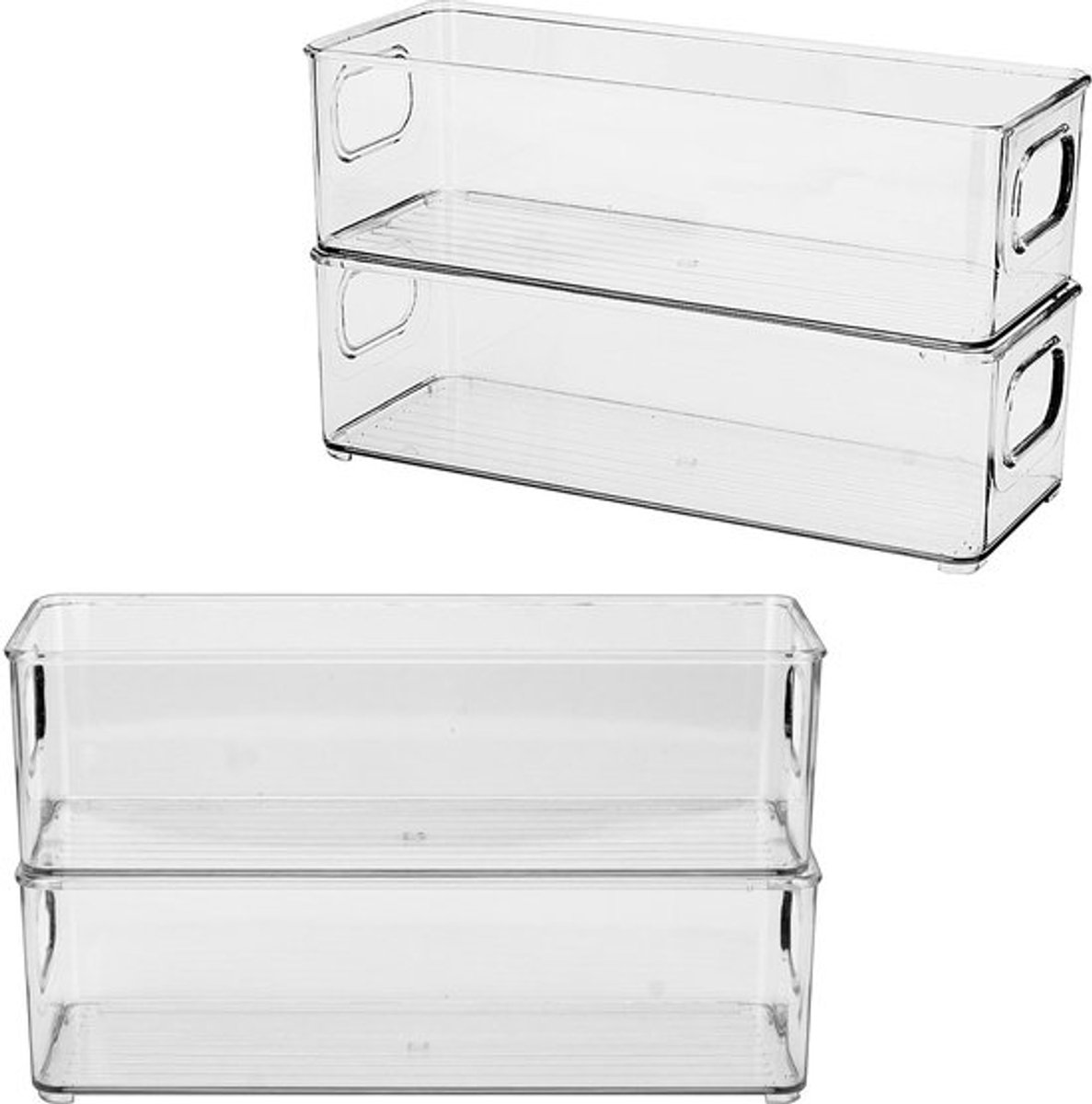 Koelkast Organizer, Stapelbaar, Set van 4, Koelkastdoos met Handvat, Opbergdozen voor Keuken, Keukenkasten, Kasten, Bureau, 25.5 x 10 x 7.5 cm, Doorzichtig