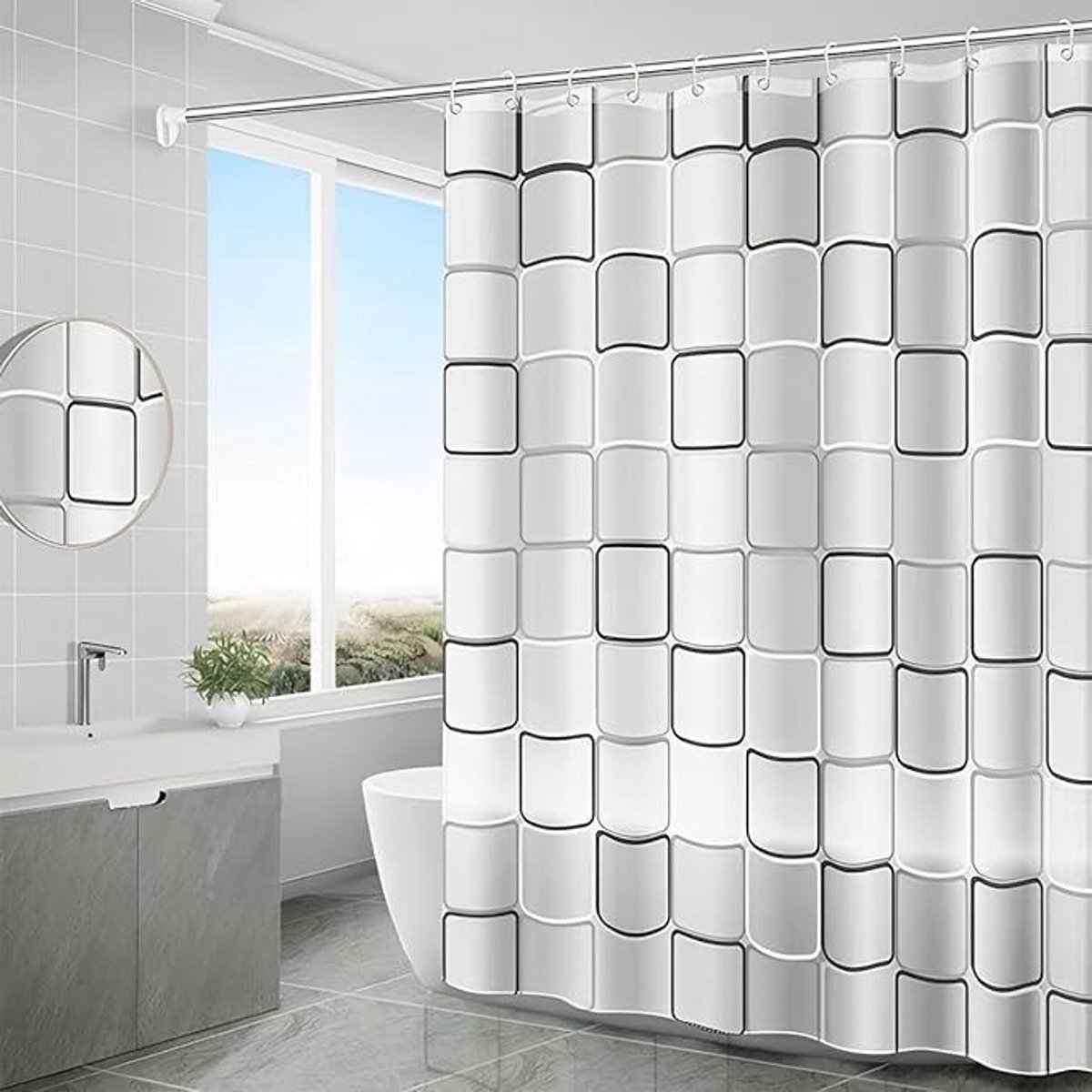 Waterdicht douchegordijn, 200x200 cm, antibacterieel polyester, wasbaar, met ringen