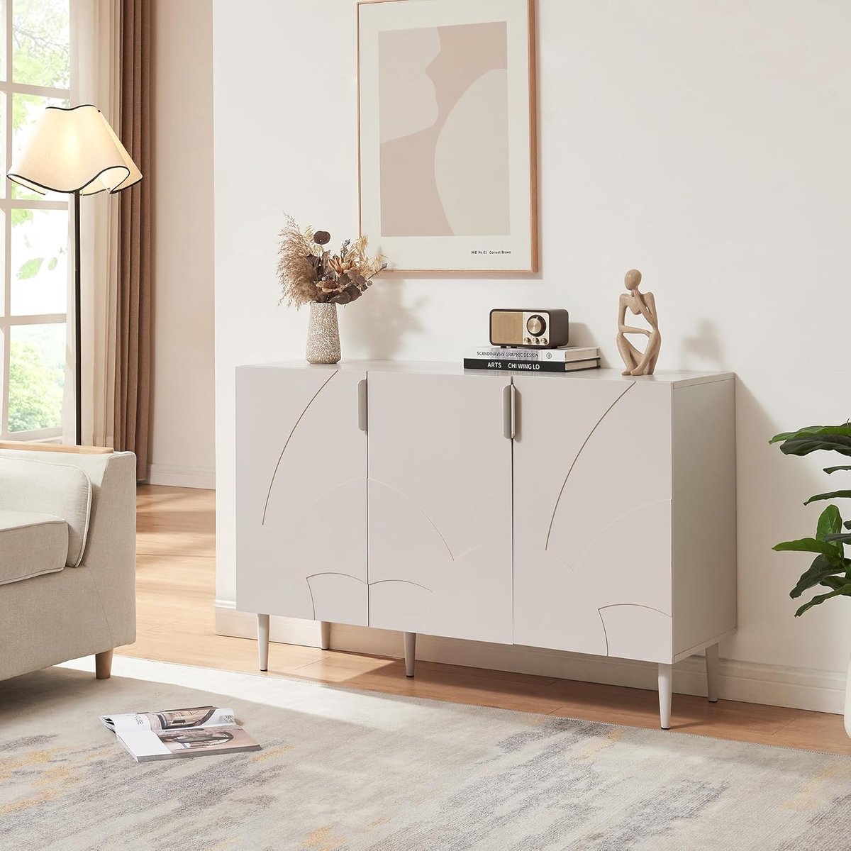 Starvili Nordic Beige Design Dressoir 3-Deurs Opbergkast met Legplanken 115x38x75 cm