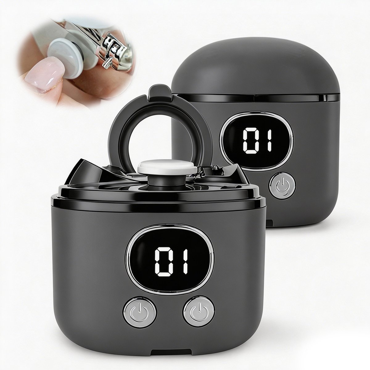 Elektrische nagelknipper - 2-in-1 automatische elektrische nagelknipper en trimmer - met polijstfunctie - met vergrootglas + LED-verlichting - 3 instelbare snelheden - Geschikt voor vingers en tenen senioren | Volwassenen | Vrouwen - Donkergrijs