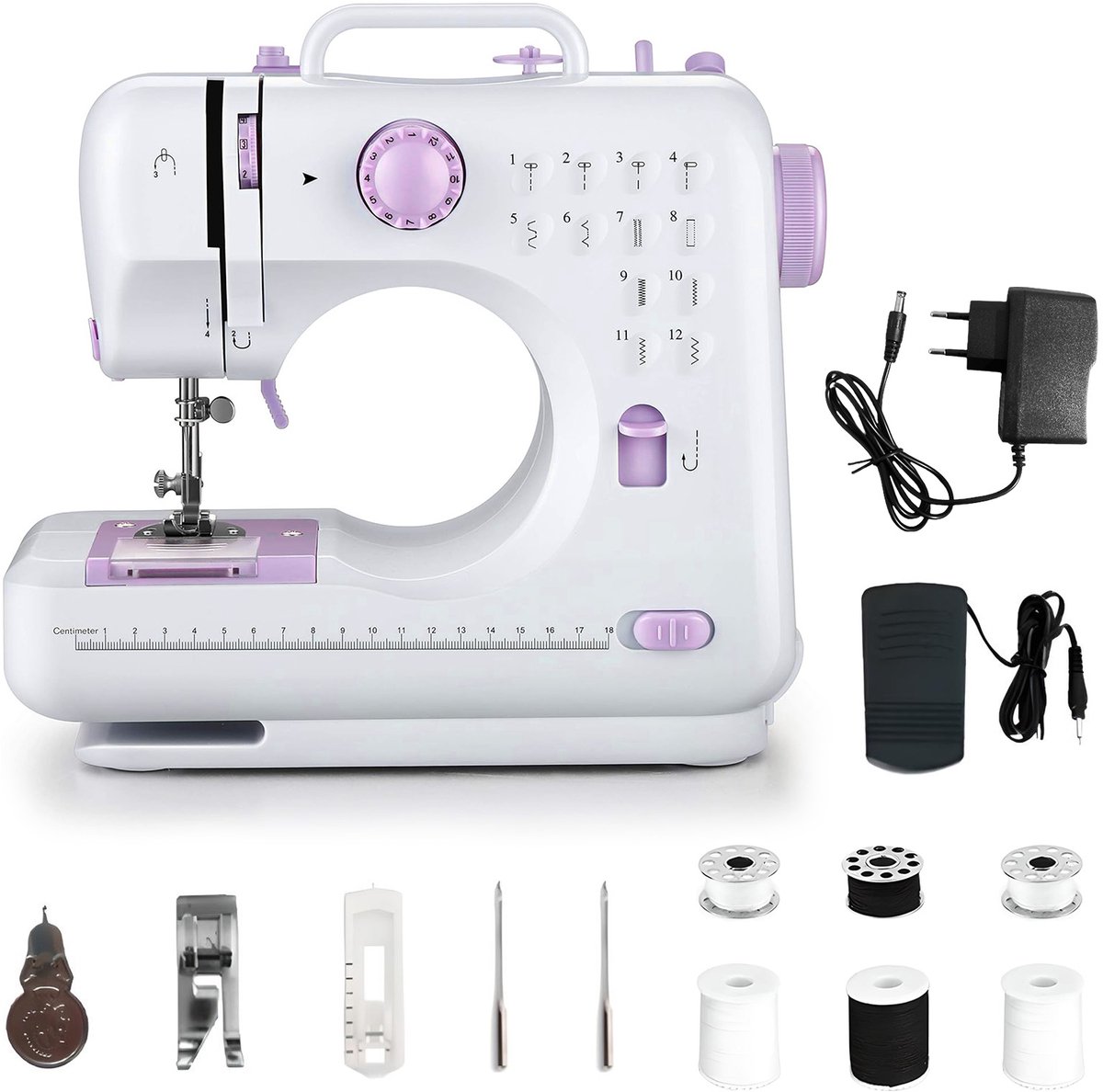 Mini Draagbare Naaimachine – 12 Steken, 2 Snelheden, LED-verlichting, Inclusief Voetpedaal, 230V & Batterij – Voor Beginners
