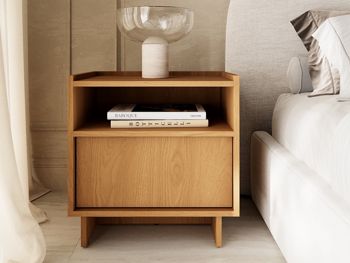 GrainGold – Nachtkastje Azumi – Karamel eiken - Met een Lade - Modern Scandinavisch Design - 50 cm