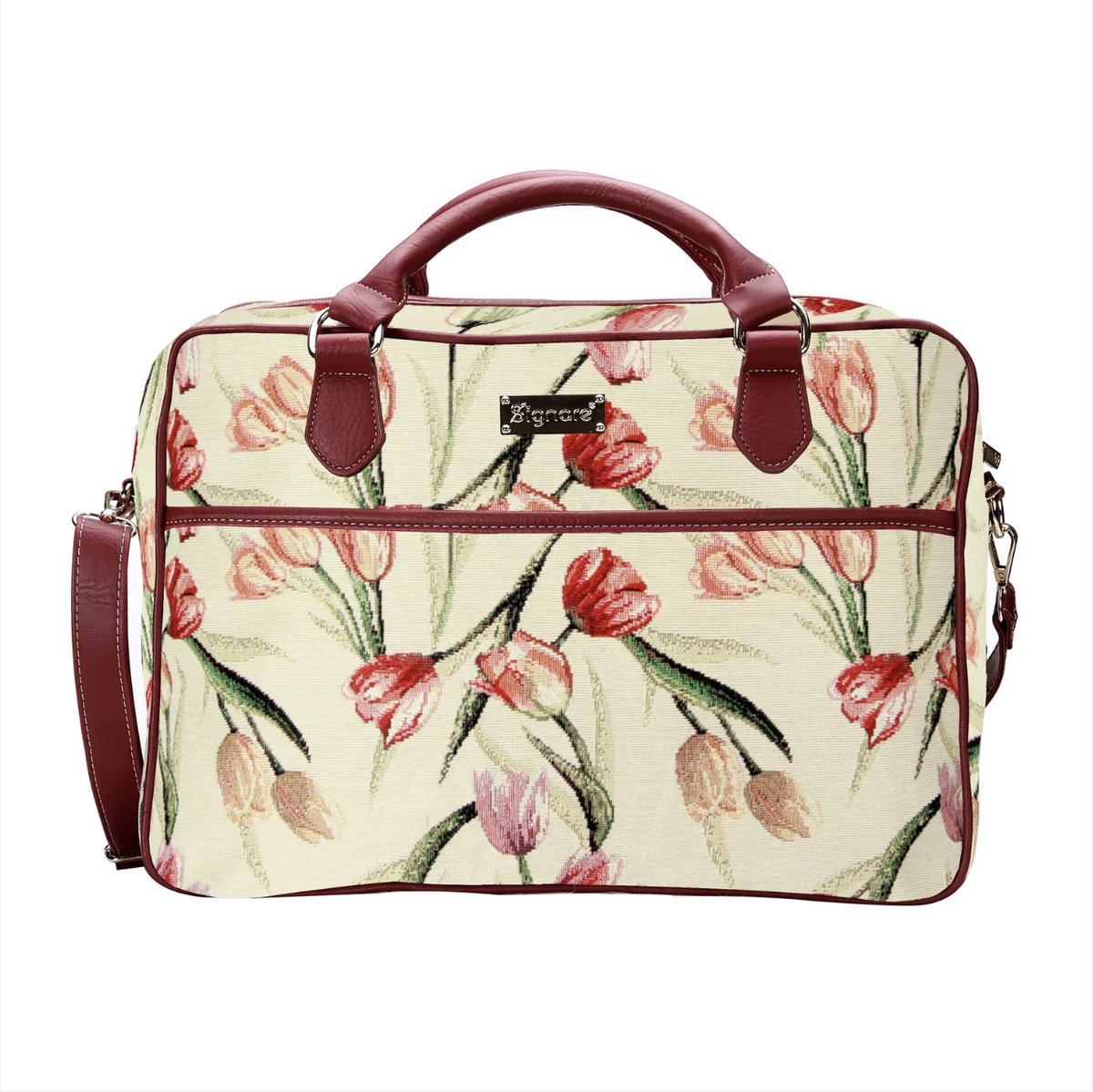 Laptoptas Tulpen – Luxe Gobelinstof met Bloemenprint – Crèmekleurige Achtergrond