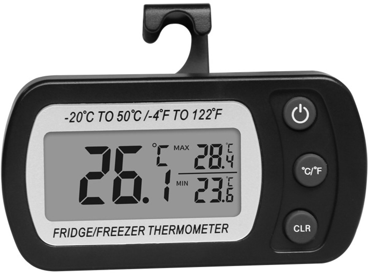 Oneay Set van 2 zwarte digitale koelkastthermometers – Waterdichte koelkast-/vriezerthermometers met maximale/minimale temperatuurweergave, LCD-scherm, geschikt voor thuisgebruik.