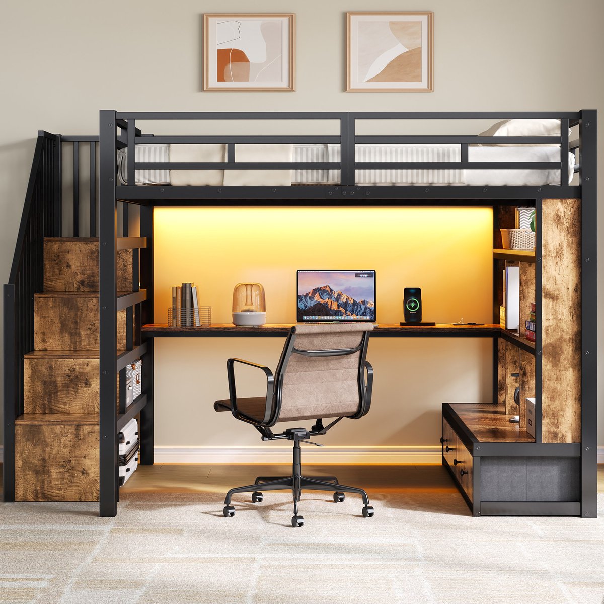 Merax 140x200cm hoogslaper - met bureau en boekenplank - twee ingebouwde laden - met opbergladder - zwart - zonder matras