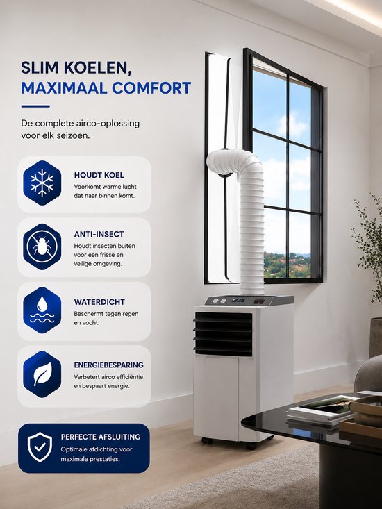 Universele airco raamafdichting 400 cm – waterafstotend, insectenwerend, geschikt voor mobiele airco slang
