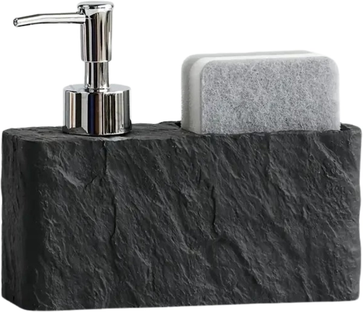 Stervia Zeeppompje - Zeepdispenser Met Sponshouder - Steen - Navulbaar - Zwart - 16.5 x 5.4 x 14.5 cm