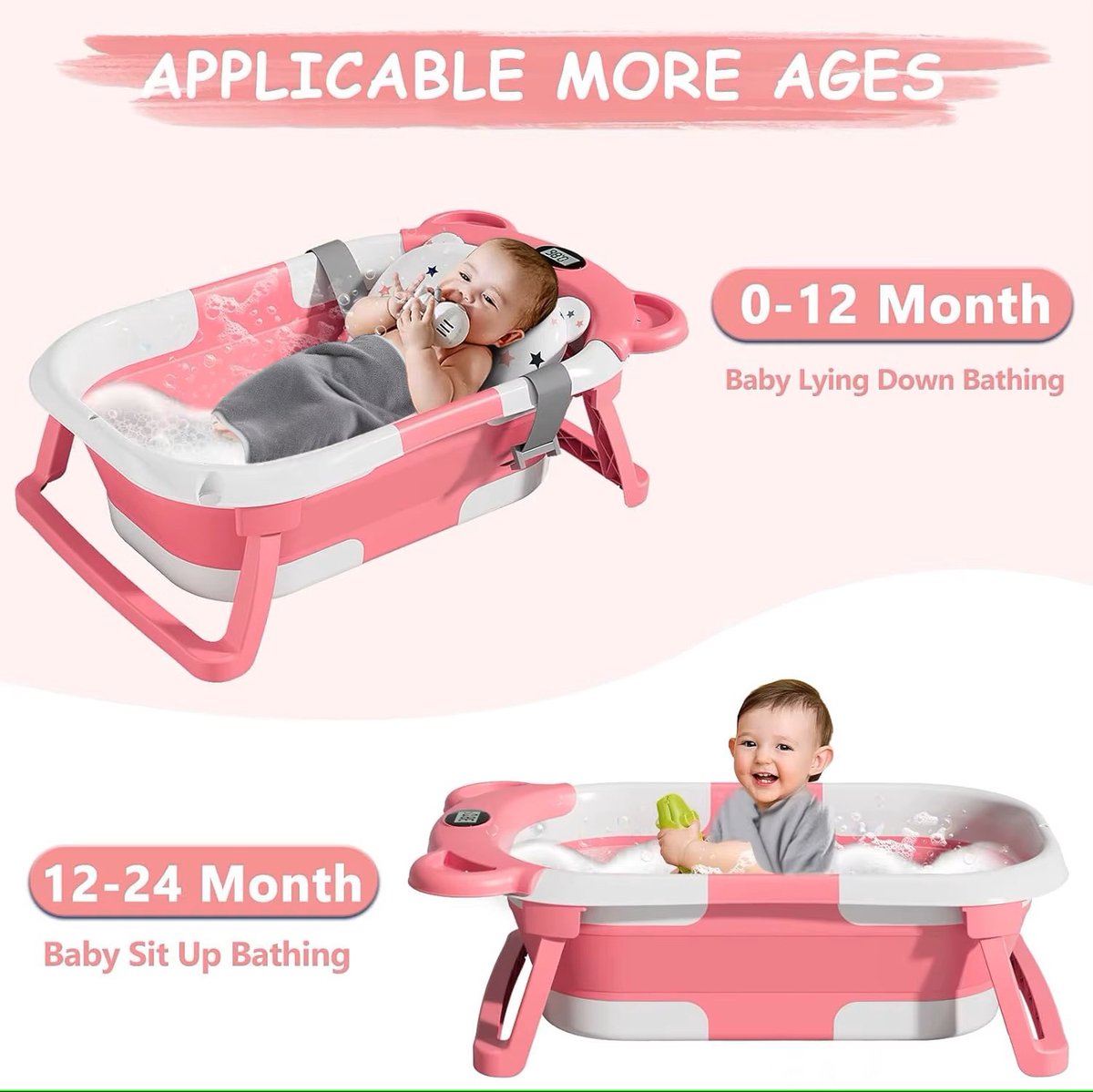Geargalaxy Draagbare Babybadkuip - Reisbadkuip - Badje voor baby’s - Reis babybadje - Veilig babybadje - Inclusief Thermometer - Roze thumbnail 5