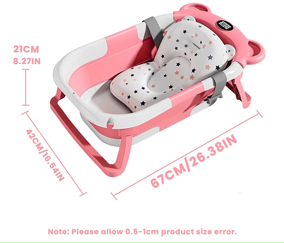 Geargalaxy Draagbare Babybadkuip - Reisbadkuip - Badje voor baby’s - Reis babybadje - Veilig babybadje - Inclusief Thermometer - Roze thumbnail 3