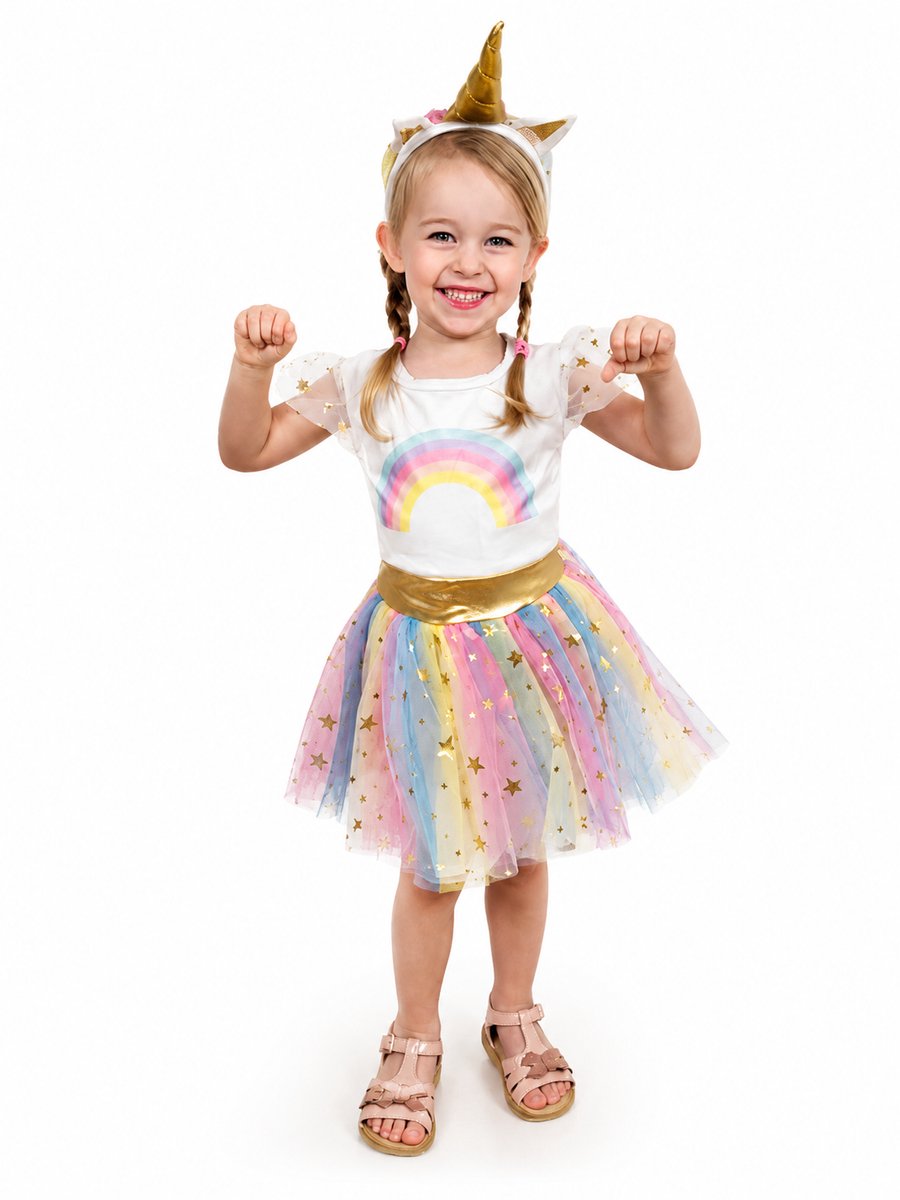 Unicorn Jurkje met Diadeem – Regenboog Tutu Verkleedset voor Meisjes - 3/4 jaar