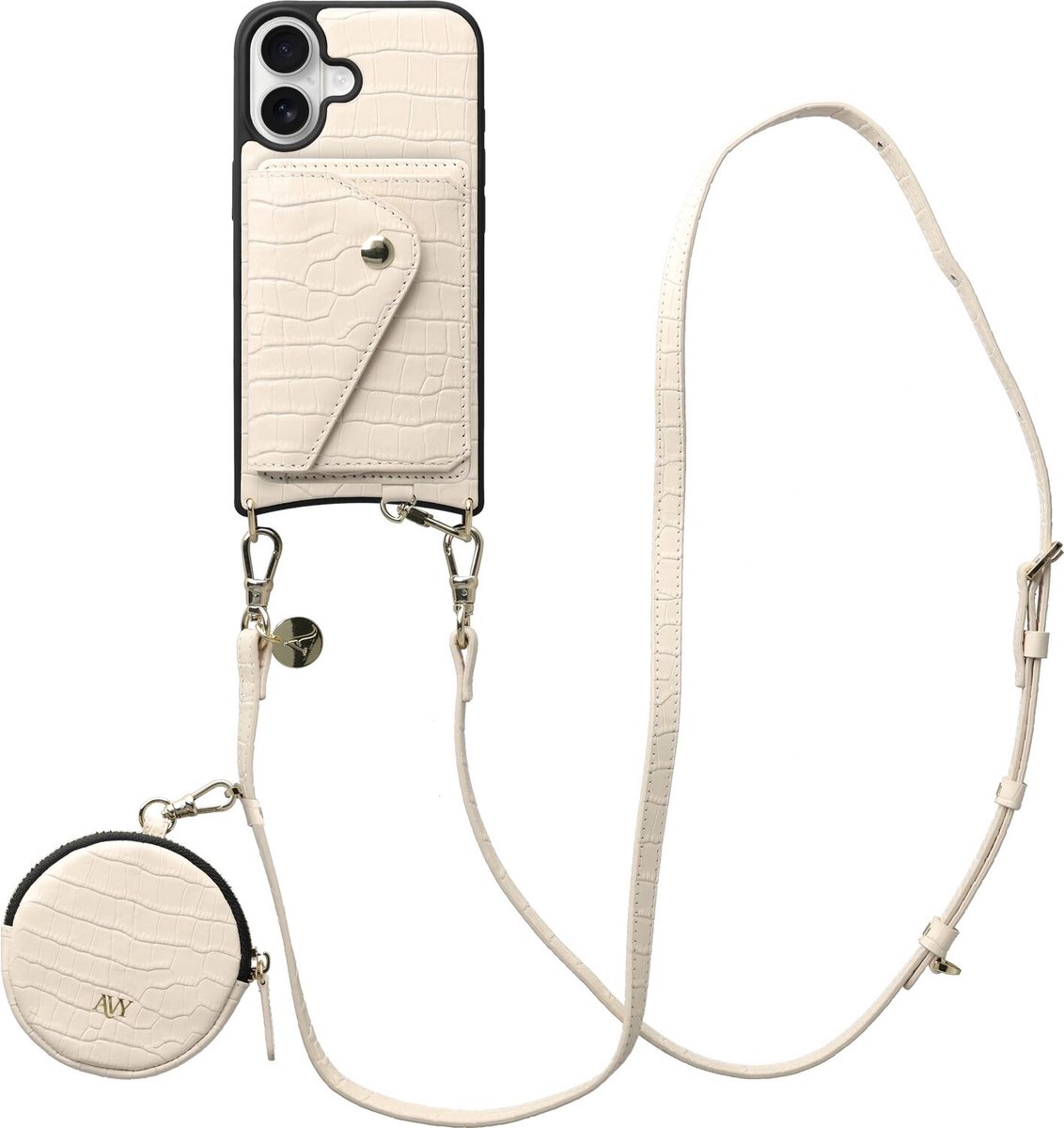 AVY Leren Hoesje geschikt voor Apple iPhone 17 | Met Koord, Wallet en Pouch | Compatibel met MagSafe | Leather Case met 130CM Koord | Long Leather | Croco Beige