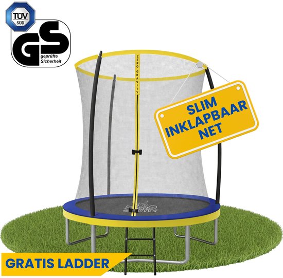 Een ronde trampoline met blauw en geel frame en een inklapbaar veiligheidsnet staat op groen gras. De tekst 'GRATIS LADDER' staat onderaan.