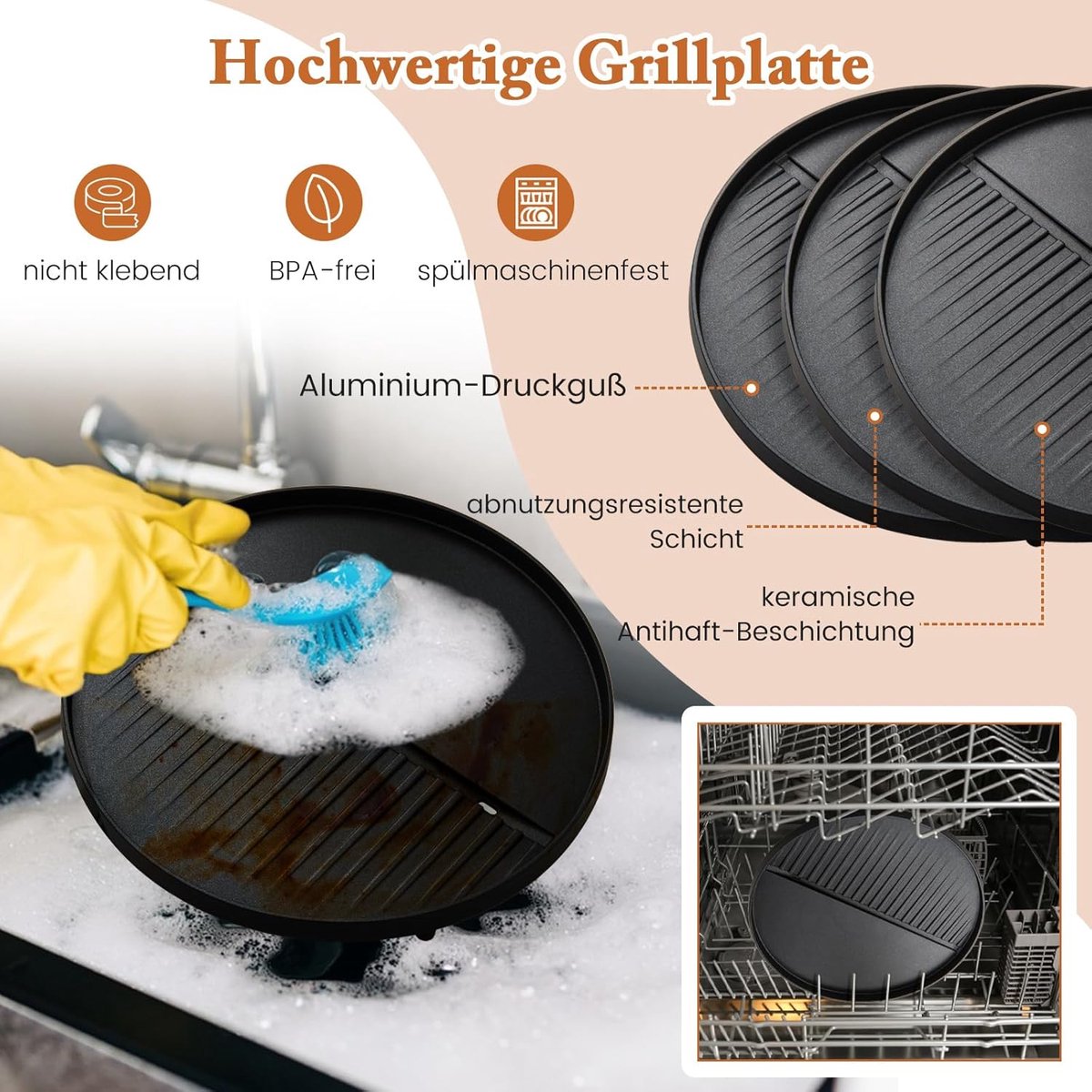 2-in-1 Elektrische Balkon Barbecue Grill met Standaard – 63x63x100 cm – 1900 cm² 2-Zone Grillplaat met Antiaanbaklaag, Instelbare Temperatuur 180–270°C, Vetopvangbak en Kruidenrek – Indoor & Outdoor BBQ Grill