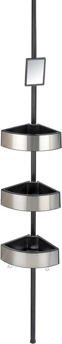 Telescopisch Doucherek - Telescopische Douchehoek - Telescopische Badkamerplank - In Hoogte Verstelbaar - Doucheplank met 3 Planken en Spiegel - Aluminium - Satijn - Zwart - 260 x 20 x 27,5 CM