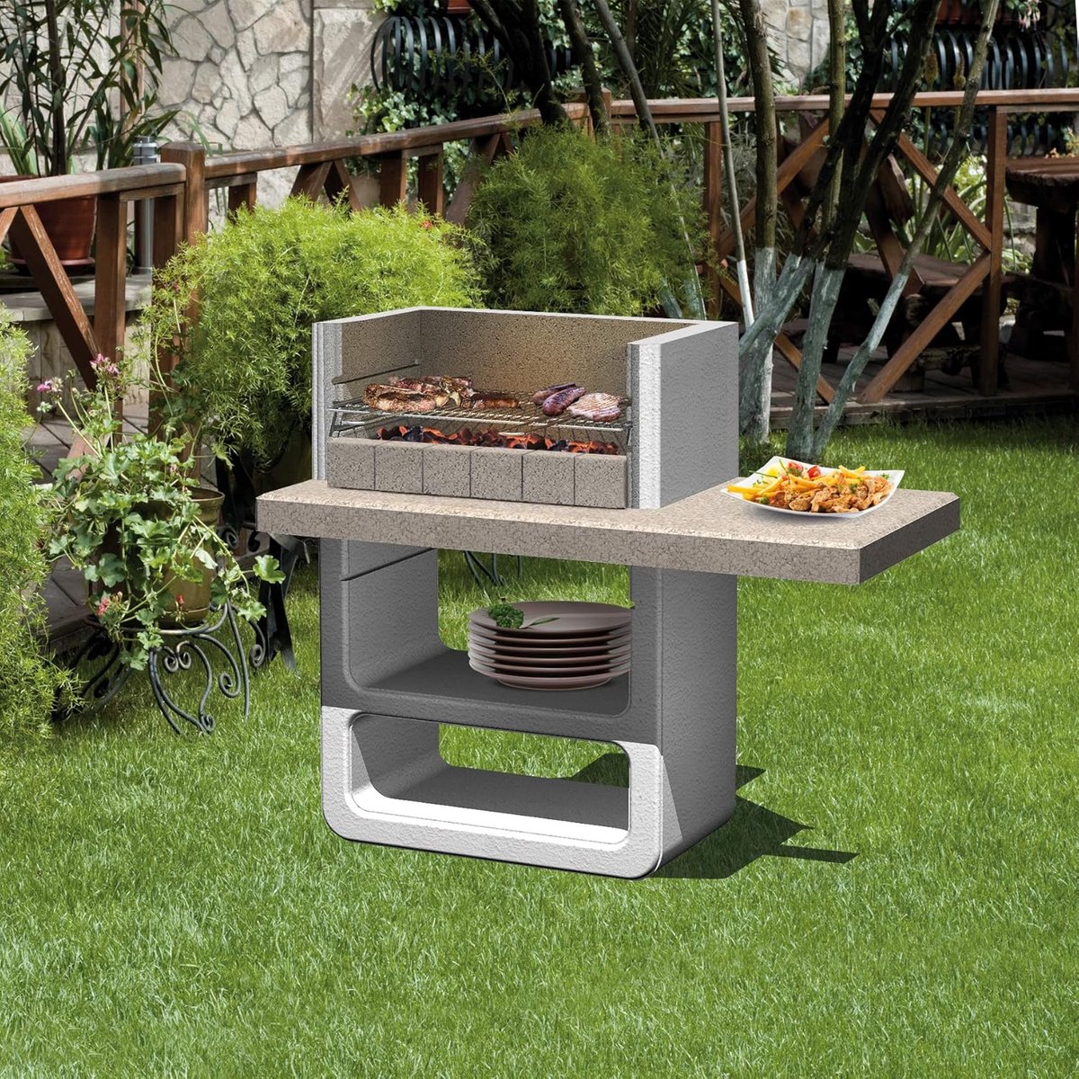 Agadir FlamePro Houtskool Barbecue met Verstelbaar Grillrooster en Opbergplank – Stenen Outdoor BBQ voor Tuin en Terras, Hitte- en Weerbestendig Design, 125 x 64 x 110 cm