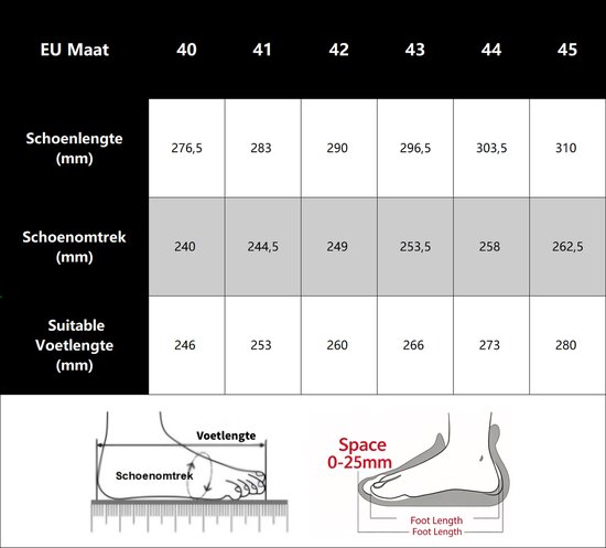 Maattabel voor schoenen met afmetingen in mm en voetlengte.