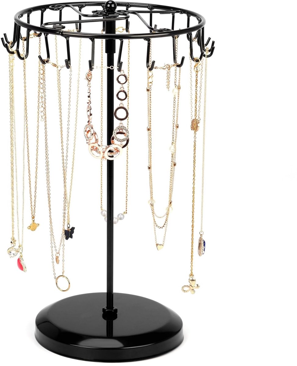Famanu – Zwart metalen roterende sieradenhouder met 23 haken, 34,8 x 20,5 cm, hang organizer toren voor kettingen, armbanden, ringen en oorbellen