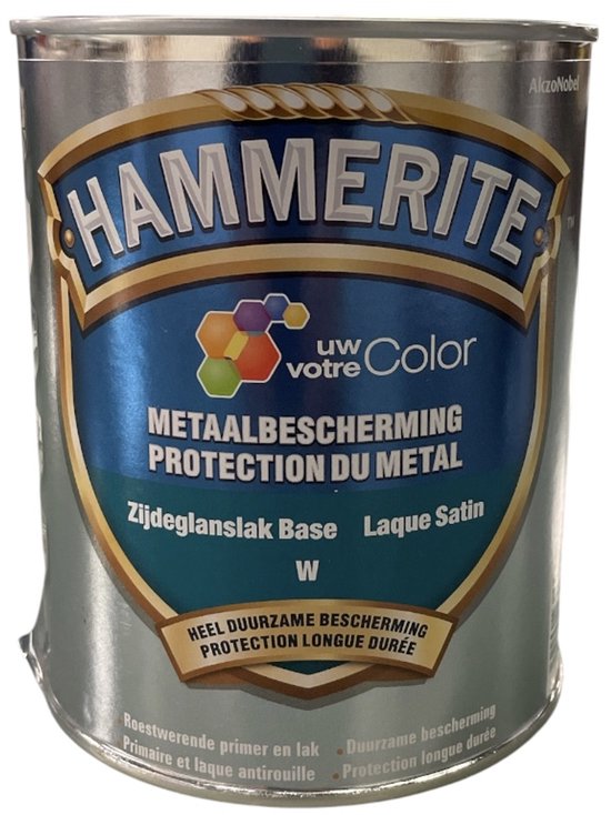 Blik Hammerite metaalbescherming zijdeglanslak, met logo en tekst in blauw, geel en wit.