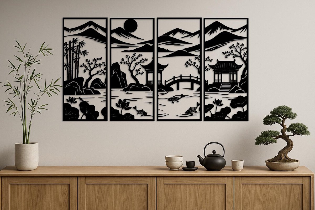 Japanse Houten Wanddecoratie 120x70 cm – Set van 4 Zwarte Muurdecoraties met Bergen en Zen Landschap