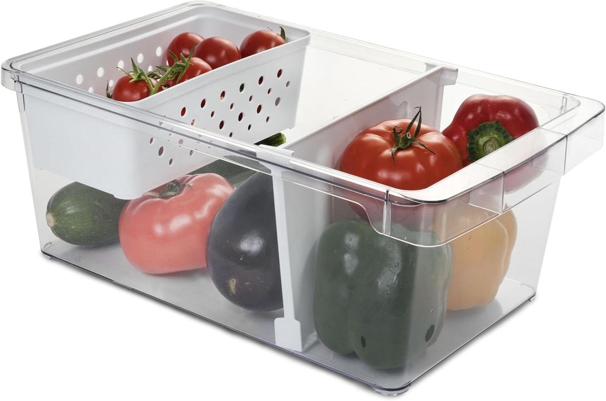 Koelkast Organizer - Opbergdoos Keuken - Keuken Ordenen - Met Mandje Scheidingswand - 37.5 x 23 x 14.5 cm - Transparant