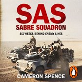Boekcover 'SAS Sabre Squadron' met twee militaire voertuigen in de woestijn en de tekst "SAS SABRE SQUADRON SIX WEEKS BEHIND ENEMY LINES CAMERON SPENCE".
