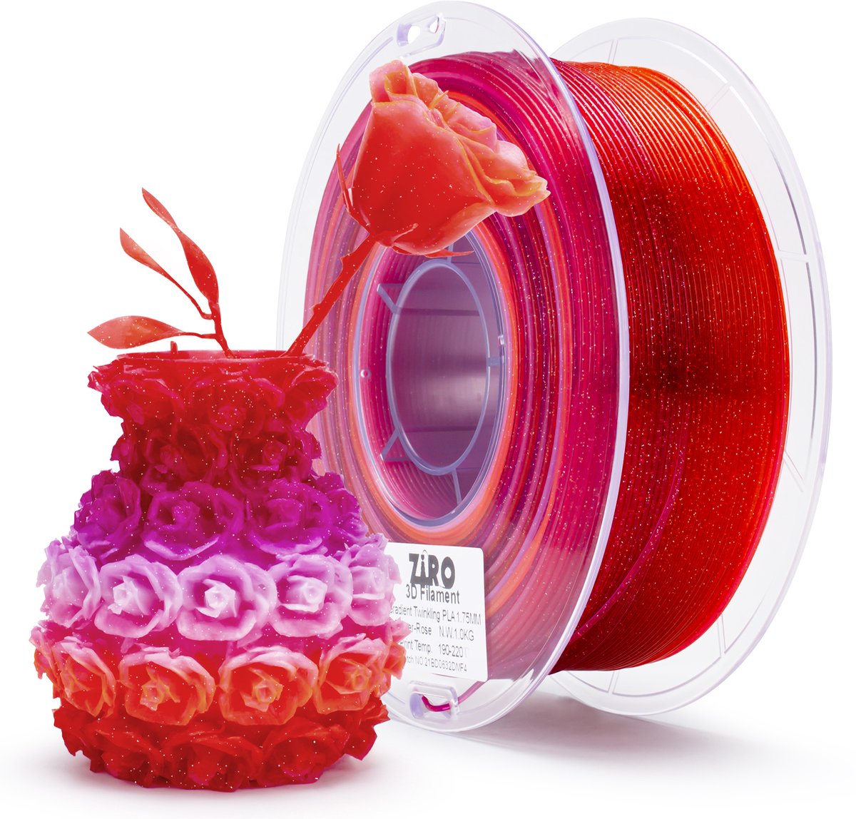 ZIRO Twinkling PLA Filament 1.75mm – 1KG – Rose – Prachtige Glinsterende Rozen & Bloemen Overloop – 3D Printer Filament