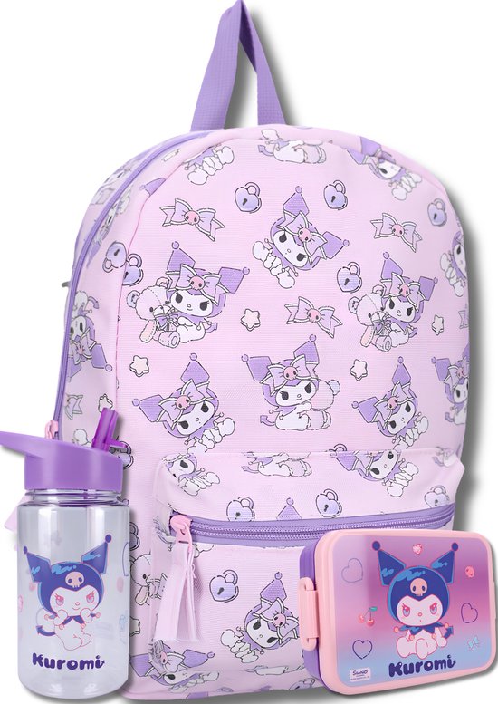 Kuromi Schooltas set Meisjes 3-Delig – Rugzak met Lunchbox & Drinkfles – Roze/Paars – BPA Vrij – Basisschool