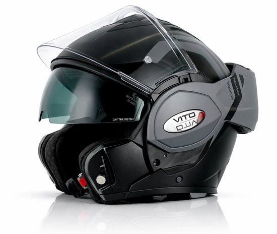 Vito Reverse Systeemhelm - Motorhelm en Scooterhelm met Opklapbaar Kinstuk en Zonnevizier - Zwart / Grijze Helm voor Scooter, Motor en Brommer - Voor Dames en Heren - Geschikt voor Volwassenen - Maat M