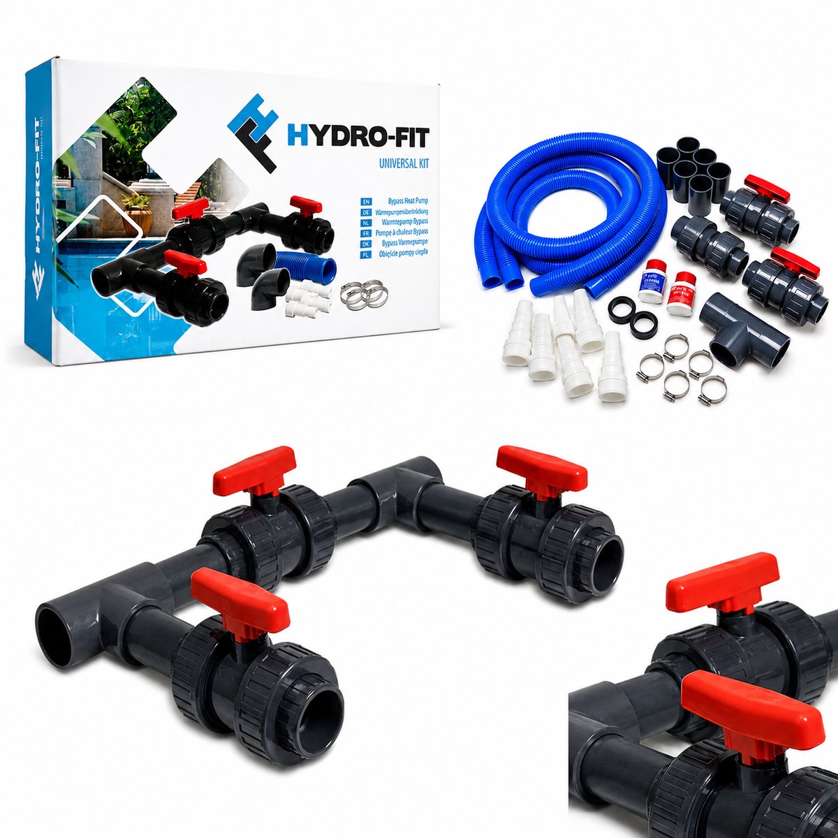 COIL Bypass Kit voor Zwembad Warmtepomp Universeel PVC 50 mm Full Set met 3 Kogelkranen, Griffon Lijm en Reiniger – DIY Installatie voor Zwembadverwarming en Waterregeling