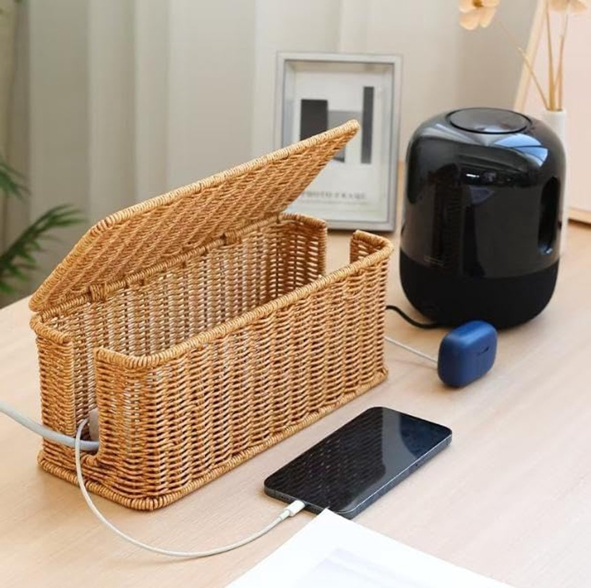 Famanu - Kabelbox, handgemaakte kabelbox, rotan kabelmanagementbox, voor onder bureau, kabelorganizer, box voor tv-draden, powerstrip, verbergen van kabels, bureau-stekkerbox voor kantoor, thuis