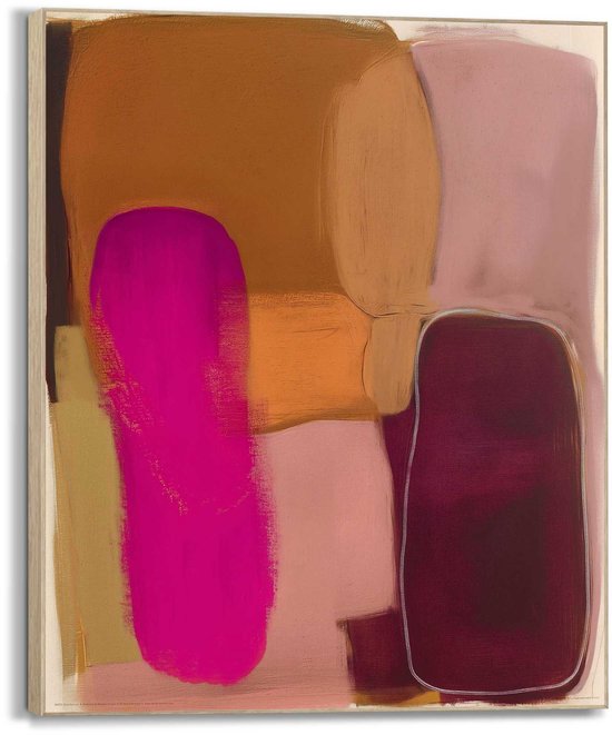Abstract schilderij met roze, oranje en bruine vormen met een dunne witte omtrek.