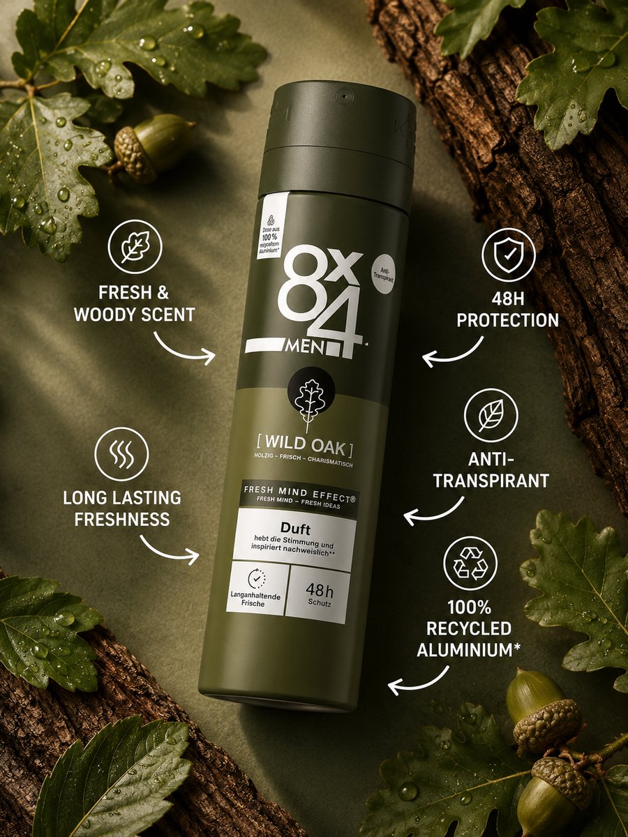 8X4 Deodorant Spray Heren - Mannelijke Geur - Wild Oak- Antitranspirant - 48u - 150 ml