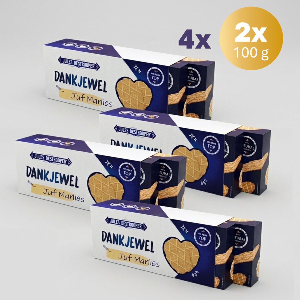 Jules Destrooper Koekjes in cadeauverpakking om iemand te bedanken – 4 sets van 2x100g met personaliseerbare ‘dankjewel’ hoes – perfect geschenk als Vaderdag cadeau of einde van het schooljaar