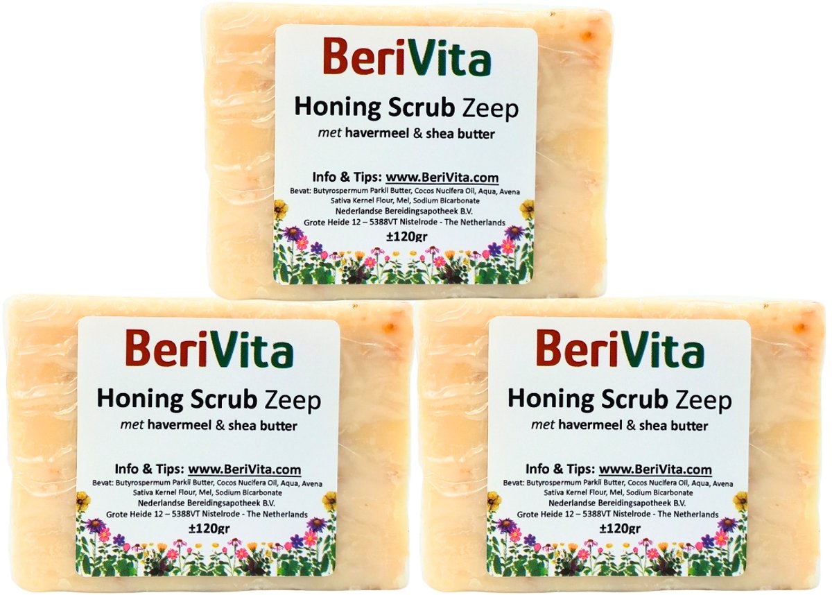 Honing Scrubzeep 3x120gr met Haver - Natuurlijke Scrub Zeeptabletten met Shea Butter, Honing en Havermout