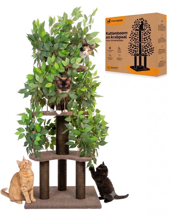 Viervoeter Kattenboom - Krabpaal voor Katten - 160 cm - Verwisselbare bladeren - Extra Stabiel