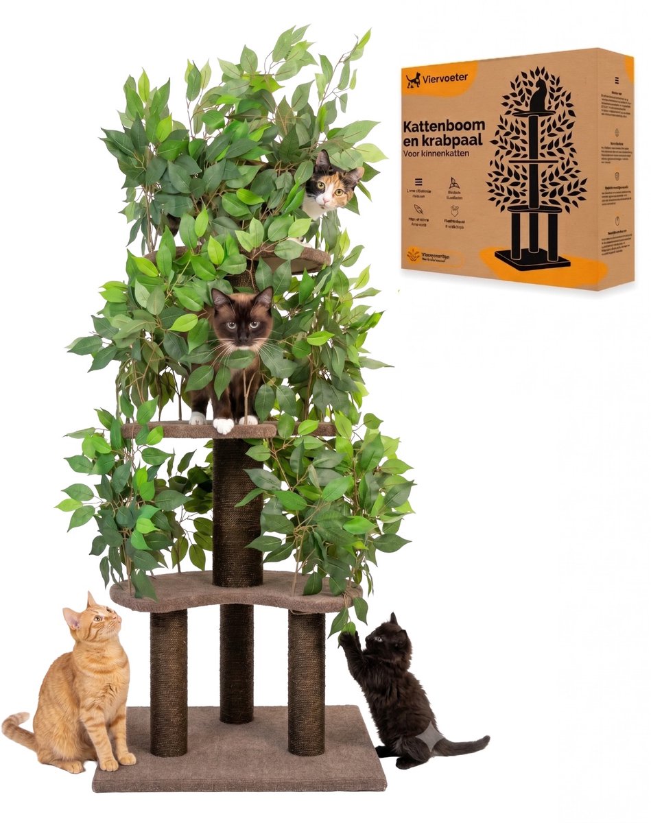 Bol.com Viervoeter Kattenboom - Krabpaal voor Katten - 160 cm - Verwisselbare bladeren - Extra Stabiel aanbieding