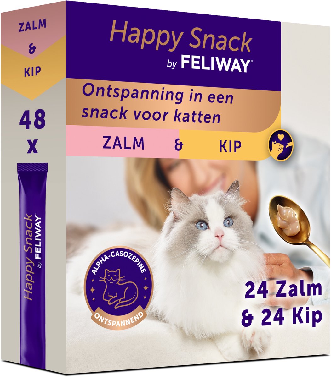 Happy Snack by FELIWAY combipack zalmsmaak & kipsmaak- Heerlijke romige kattensnack met ontspannend effect, 48 sticks - Helpt jouw kat zich rustiger te voelen en bevordert het emotionele welzijn