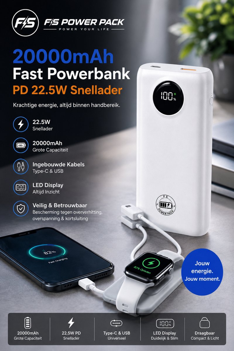 20000mAh Fast Powerbank -PD 22.5W Snellader- FS Power Pack Powerbank 20000mAh – 22.5W – Met Ingebouwde Kabels – LED Display – Type-C & USB – Wit-Powerbank led display - Draagbare oplader - Externe batterij - Grote capaciteit - Powerbank- Snellader – foto 6